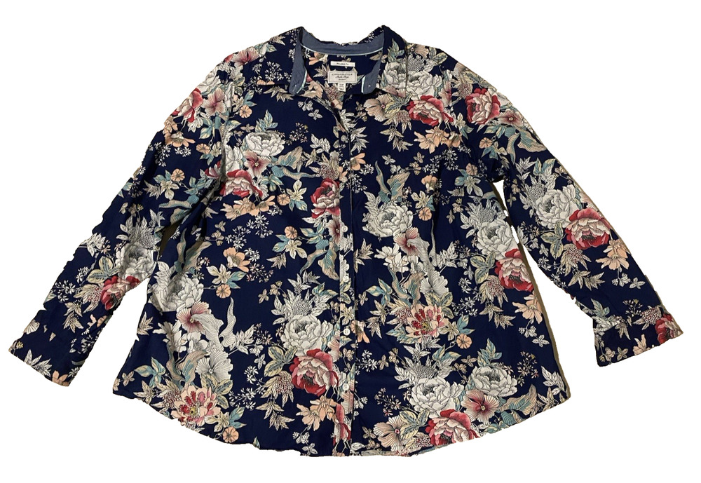 Charter Club Shirt Shop Womens Top Size 22W Relaxed Fit Navy Floral Forest Fairy